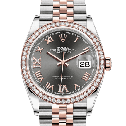 replica designer rolex Datejust Oyster 36 mm Oystersteel Everose gold and diamonds