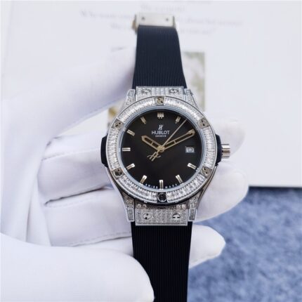 Hublot Geneva Big Bang Black Leather Strap Iced For Ladies Automatic Movement - 34mm -Replica watches